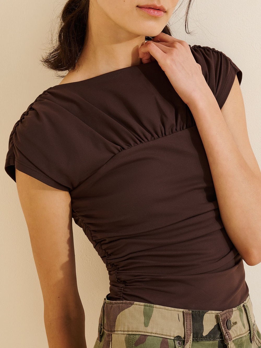 Susana Monaco Gathered Boat Neck Short Sleeve Top